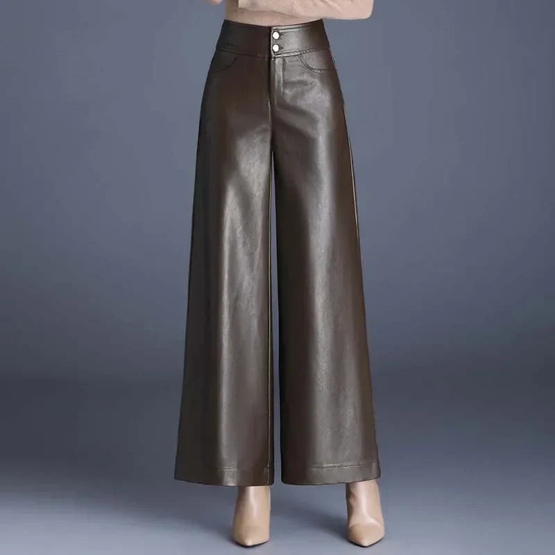 Vida | High Waisted Tailored Zip Pockets Buttoned Faux Leather Wide Leg Trousers Women