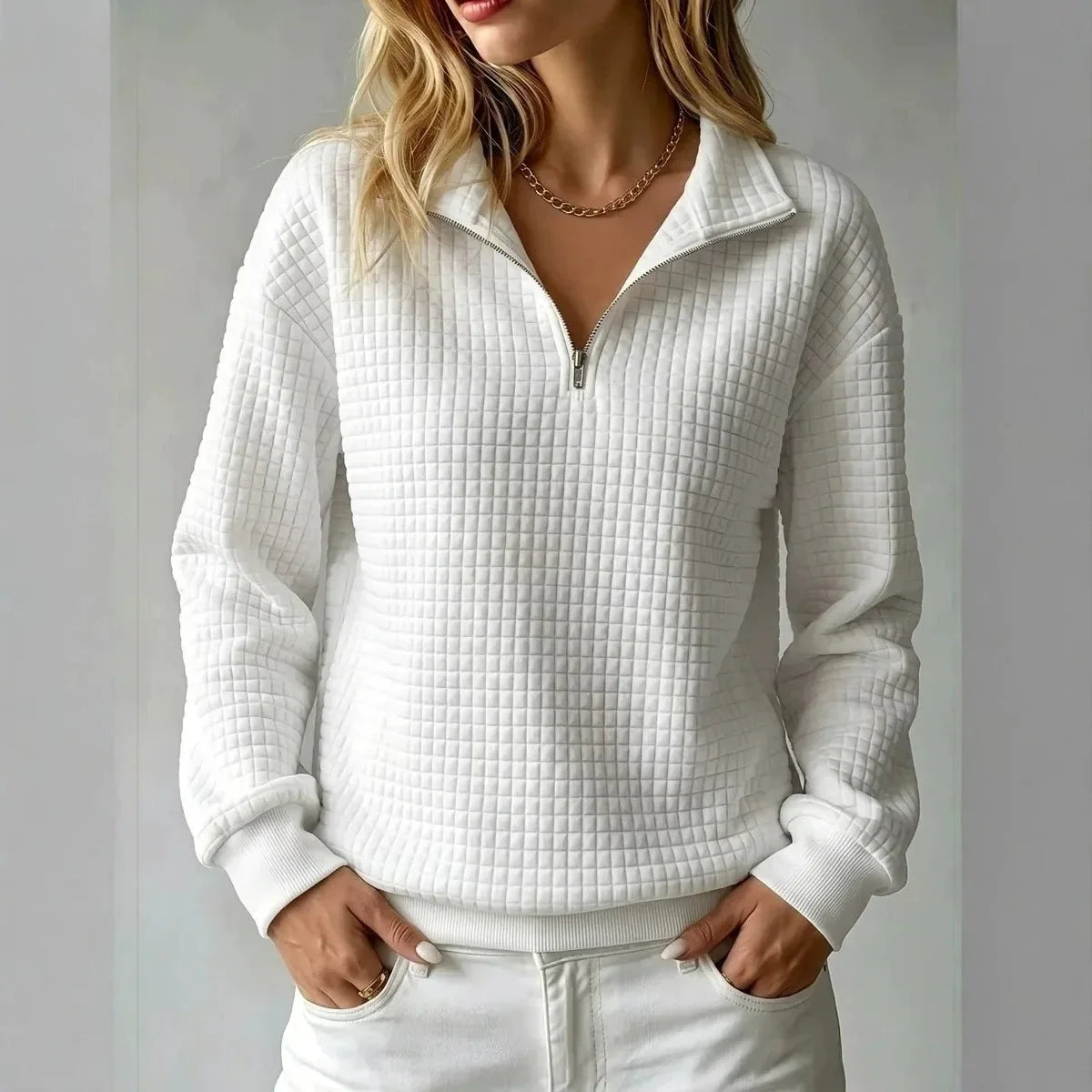 Ella | Quilted Quarter Zip Collared V Neck Long Sleeve Ribbed Hem Autumn Sweatshirt Women