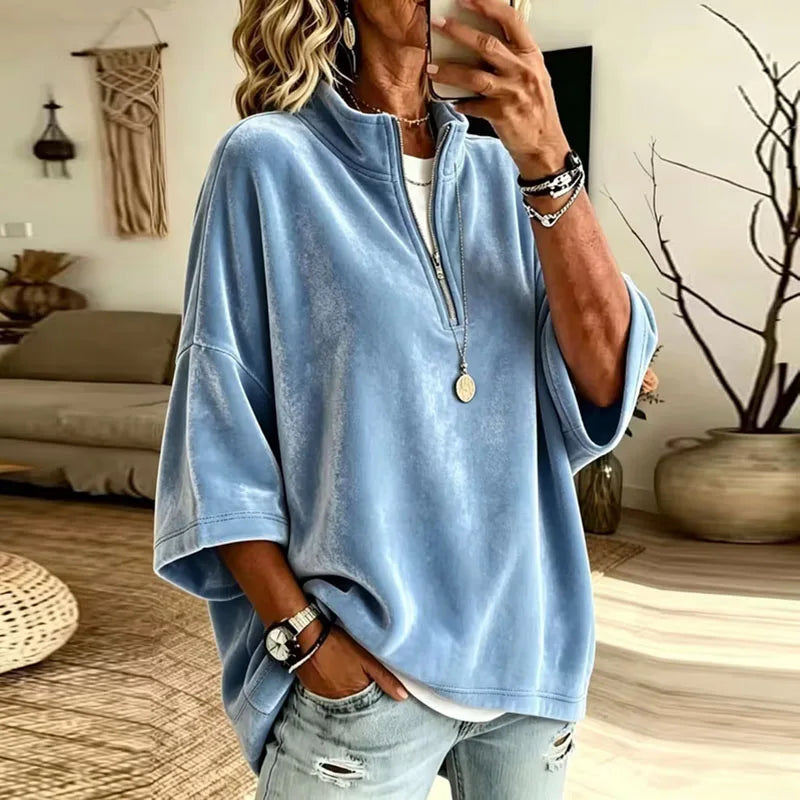 Rhea | Velvet Funnel Neck Quarter Zip Drop Shoulder Oversized Sweatshirt Women