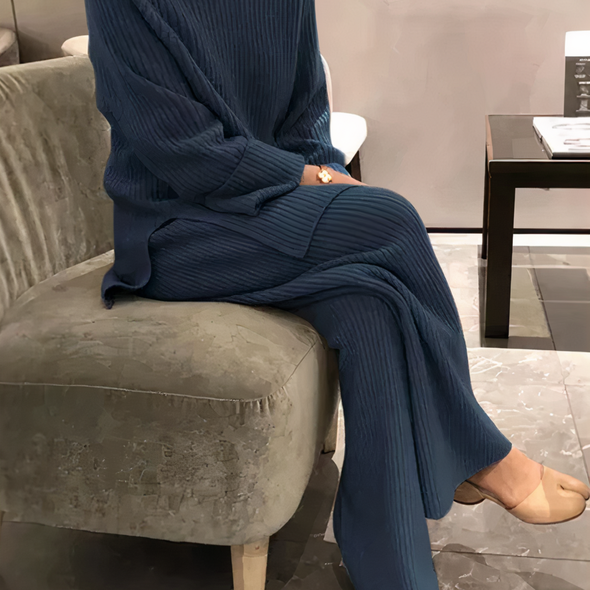 Edie | Ribbed Knitted Long Sleeve Oversized Autumn Winter Wide Leg Trouser Co Ord Set Women