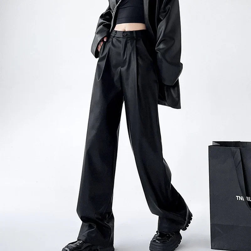 Lucia | Pleated High Waisted Tailored Faux Leather Flowy Autumn Smart Wide Leg Trousers Women