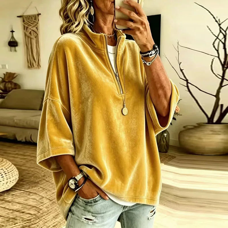 Rhea | Velvet Funnel Neck Quarter Zip Drop Shoulder Oversized Sweatshirt Women