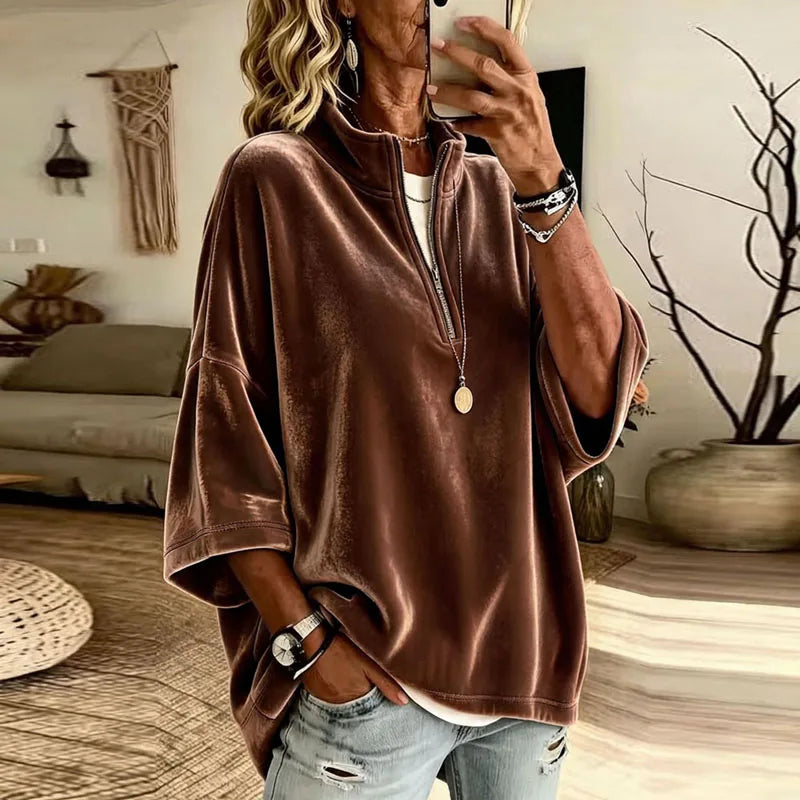 Rhea | Velvet Funnel Neck Quarter Zip Drop Shoulder Oversized Sweatshirt Women