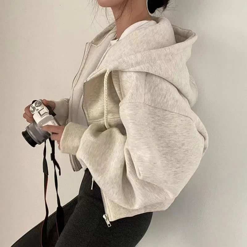 Mila | Zip Up Drawstring Fleece Cropped Oversized Pockets Autumn Hoodie Women