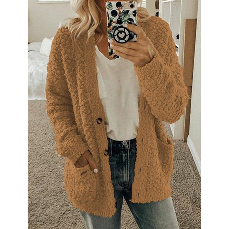 Lacey | Oversized Buttoned Borg Fleece Pocket Winter Long Jacket Teddy Coat Women