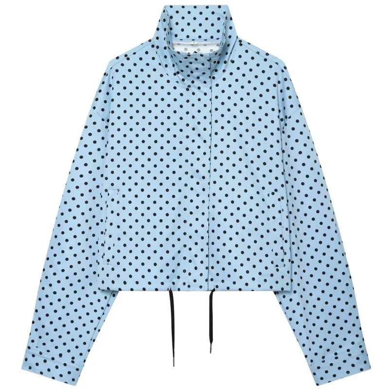 Etta | Polka Dot Drawstring Oversized Cropped Funnel Neck Zip Up Windbreaker Jacket Women