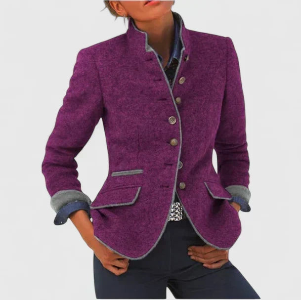 Tweed Wool Jacket with Stand Collar - Taupe