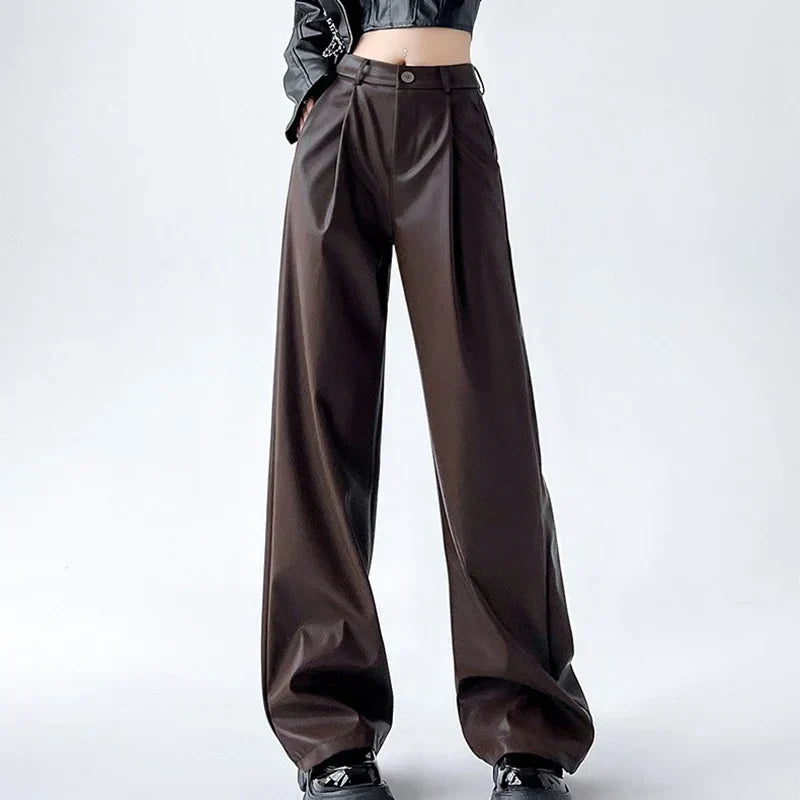 Lucia | Pleated High Waisted Tailored Faux Leather Flowy Autumn Smart Wide Leg Trousers Women