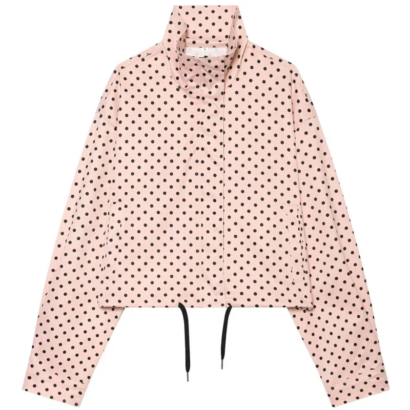 Etta | Polka Dot Drawstring Oversized Cropped Funnel Neck Zip Up Windbreaker Jacket Women