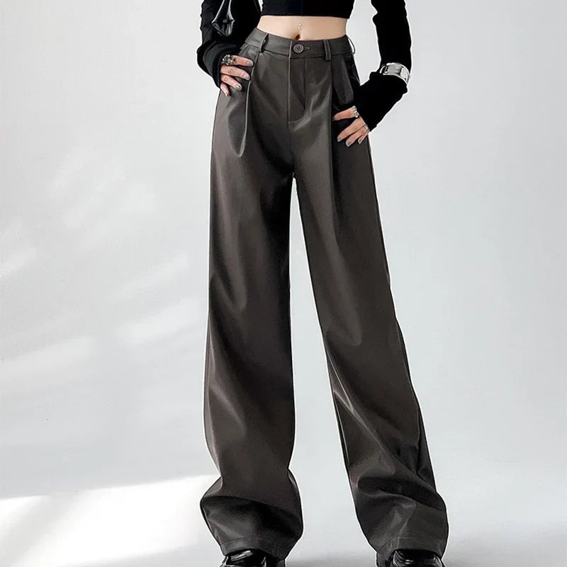 Lucia | Pleated High Waisted Tailored Faux Leather Flowy Autumn Smart Wide Leg Trousers Women