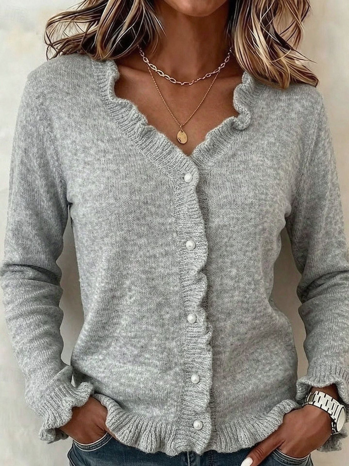 Waffle Knit Cardigan with Frill Trim, Button Front - Brown