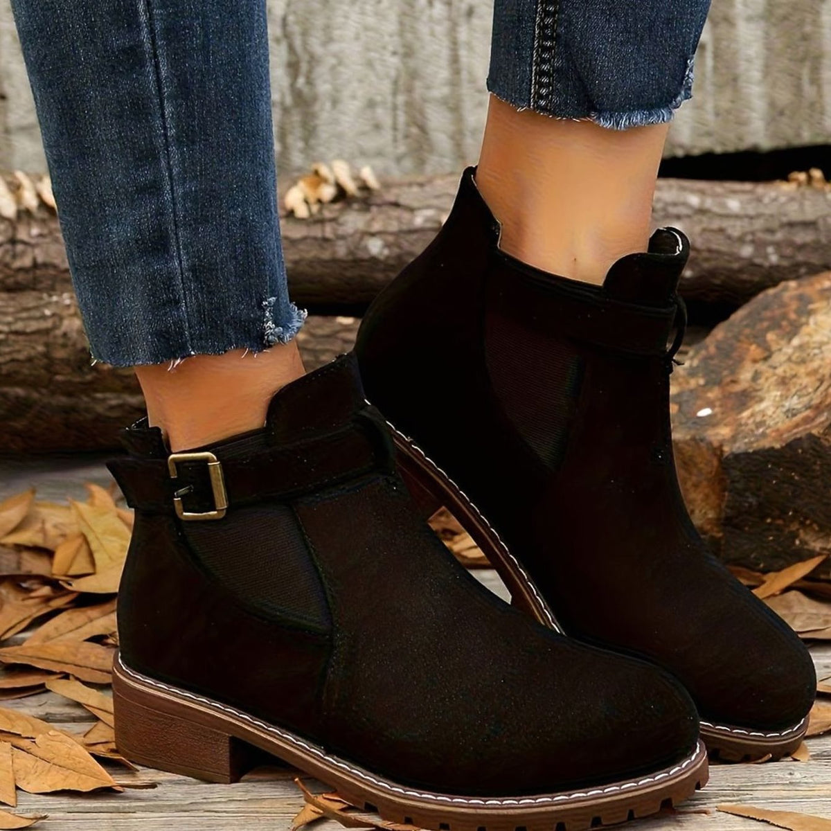 Kara | Buckle Round Toe Faux Suede Block Heel Lug Autumn Chelsea Boots Women