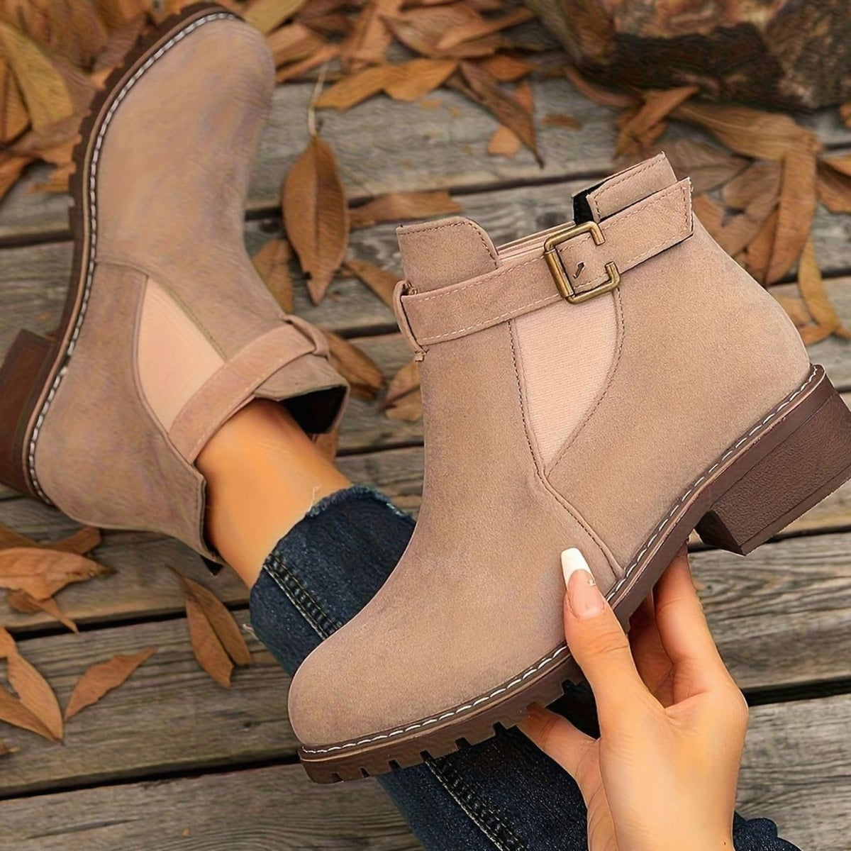 Kara | Buckle Round Toe Faux Suede Block Heel Lug Autumn Chelsea Boots Women