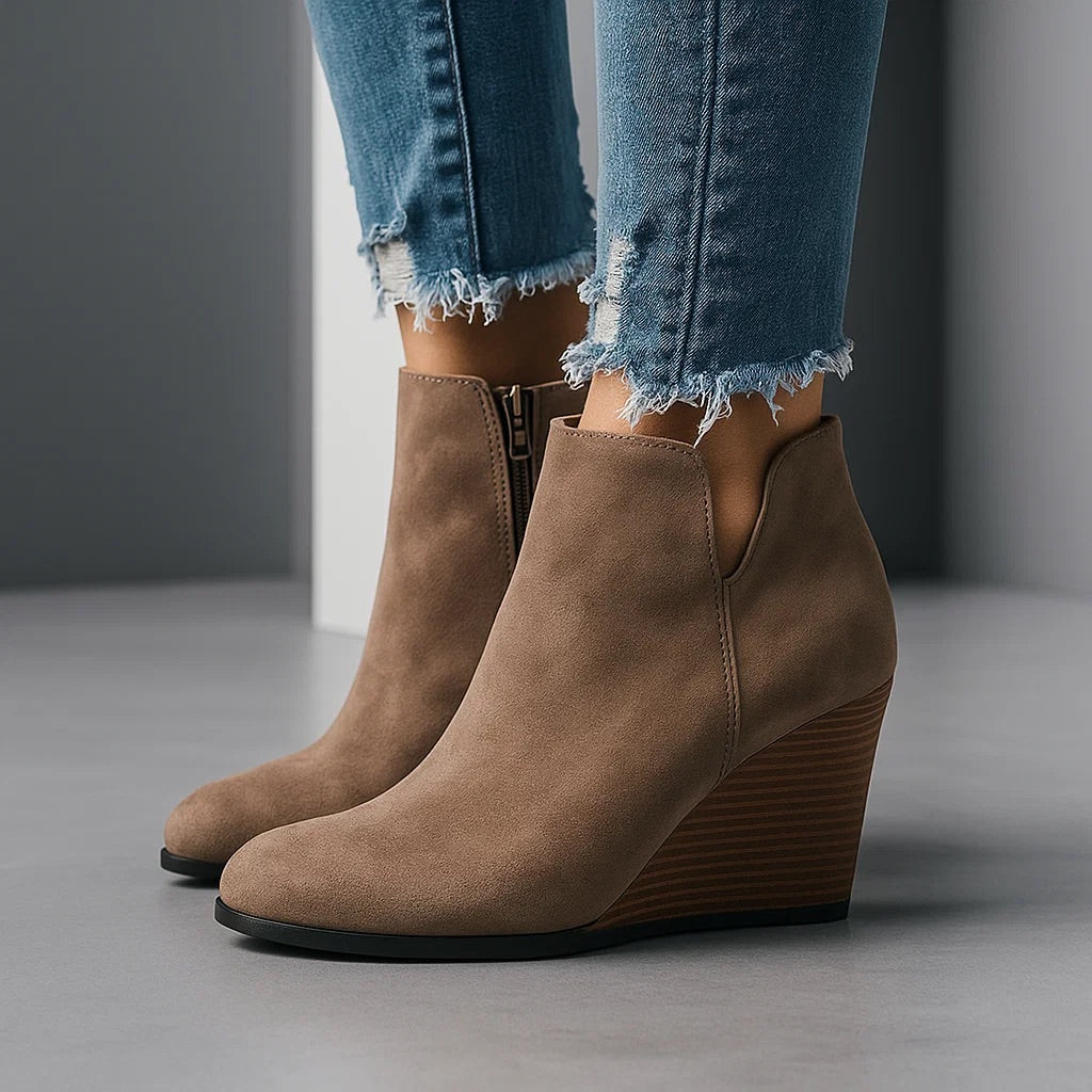 Tia | Wedge Cut Out Zip Up Autumn Smart Faux Suede Ankle Boots Women