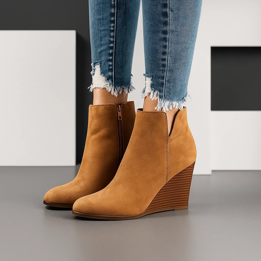 Tia | Wedge Cut Out Zip Up Autumn Smart Faux Suede Ankle Boots Women