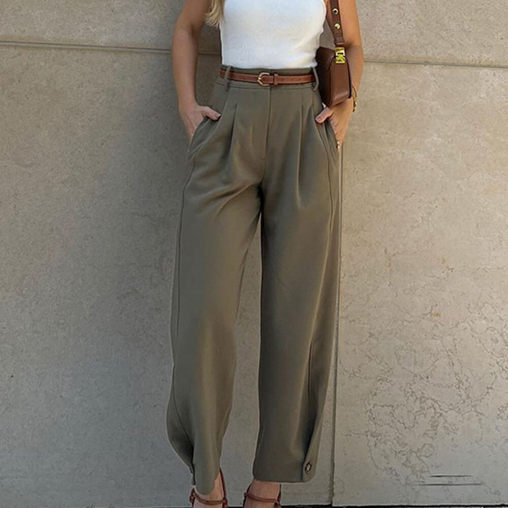 Aimee | High Waisted Pleated Tailored Ankle Length Pocket Autumn Smart Work Straight Leg Trousers Women