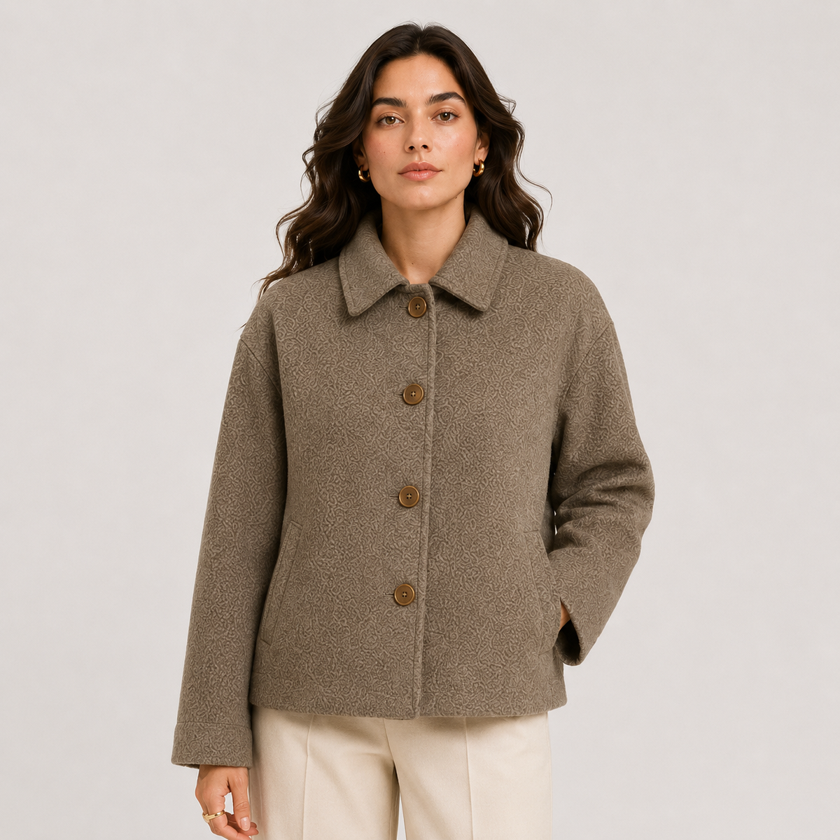 Relaxed Wool Look Jacket with Button Front - Taupe