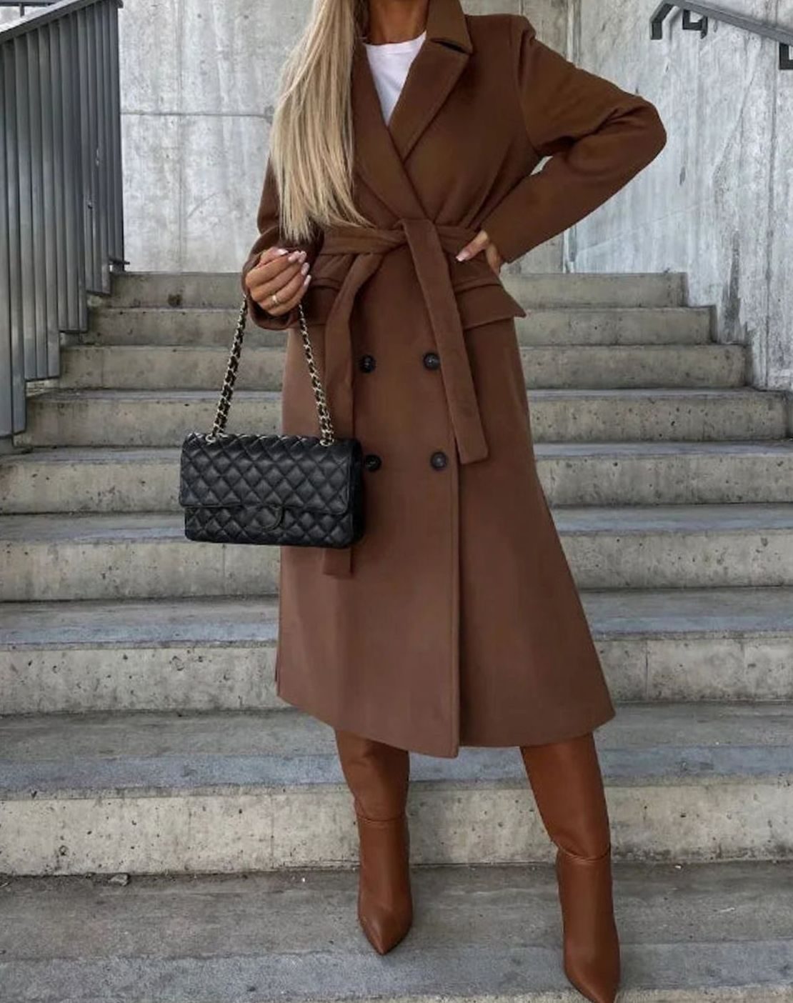 Long Double Breasted Wool Coat, Tailored - Dark Brown