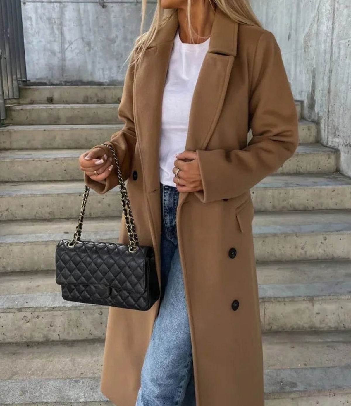 Long Double Breasted Wool Coat, Tailored - Dark Brown