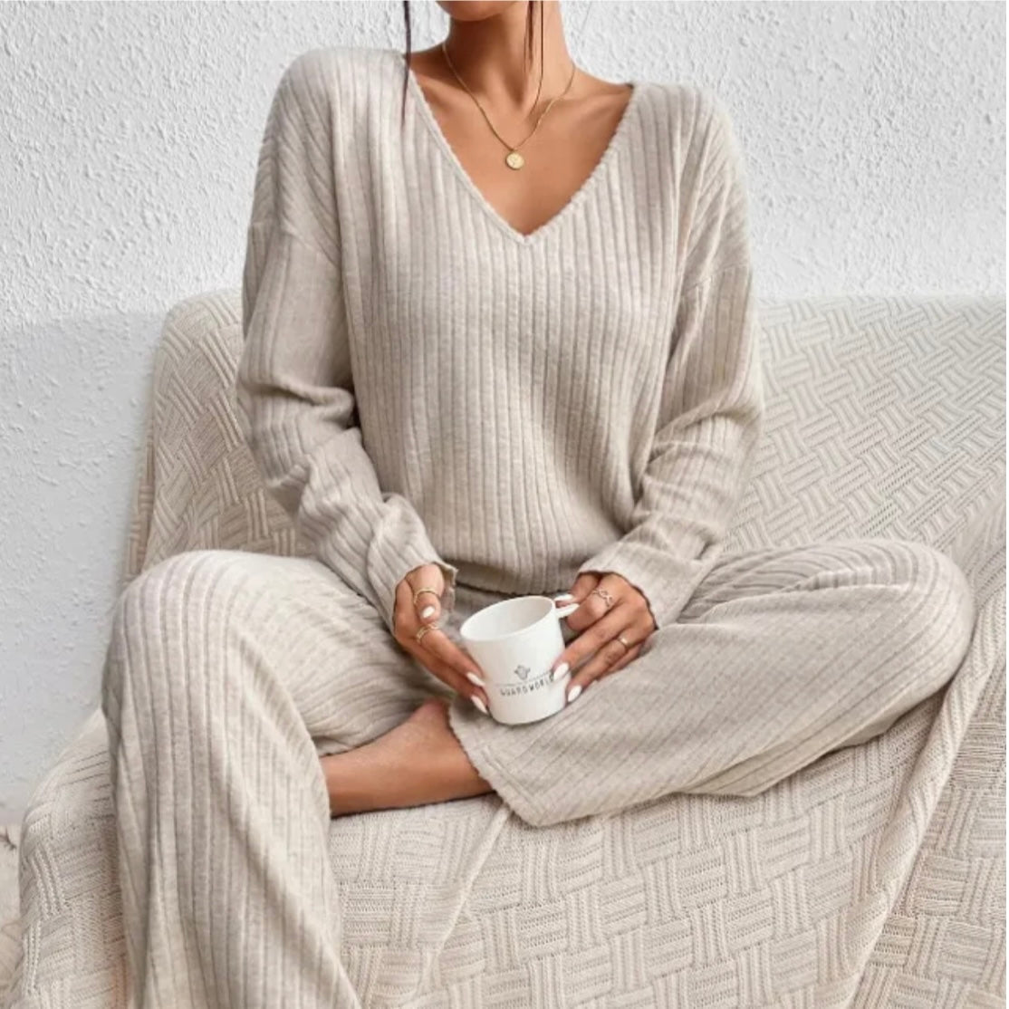 Two Piece Ribbed Knit Set, V-Neck and Wide Leg - Beige