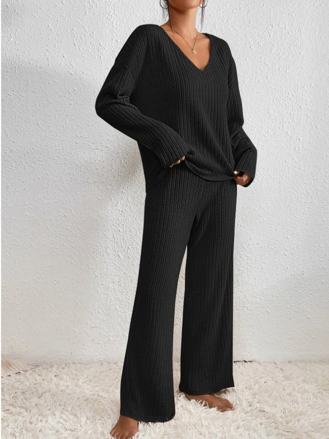 Two Piece Ribbed Knit Set, V-Neck and Wide Leg - Beige