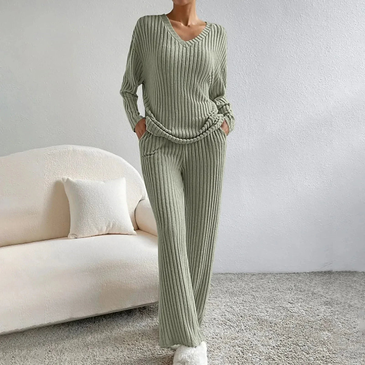 Two Piece Ribbed Knit Set, V-Neck and Wide Leg - Beige