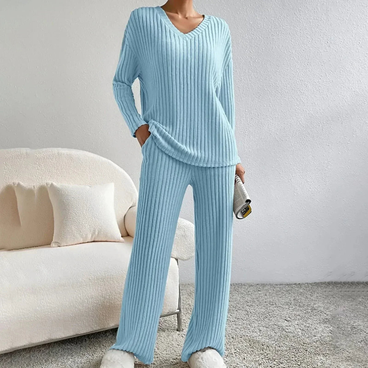 Two Piece Ribbed Knit Set, V-Neck and Wide Leg - Beige
