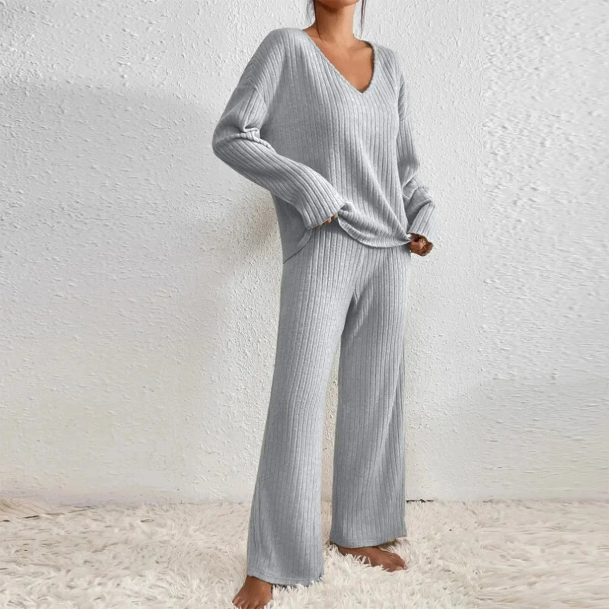Two Piece Ribbed Knit Set, V-Neck and Wide Leg - Beige