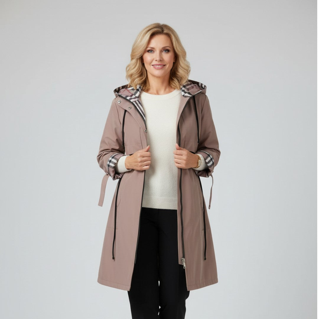 Long Waterproof Coat with Hood and Drawstring - Dusty Rose