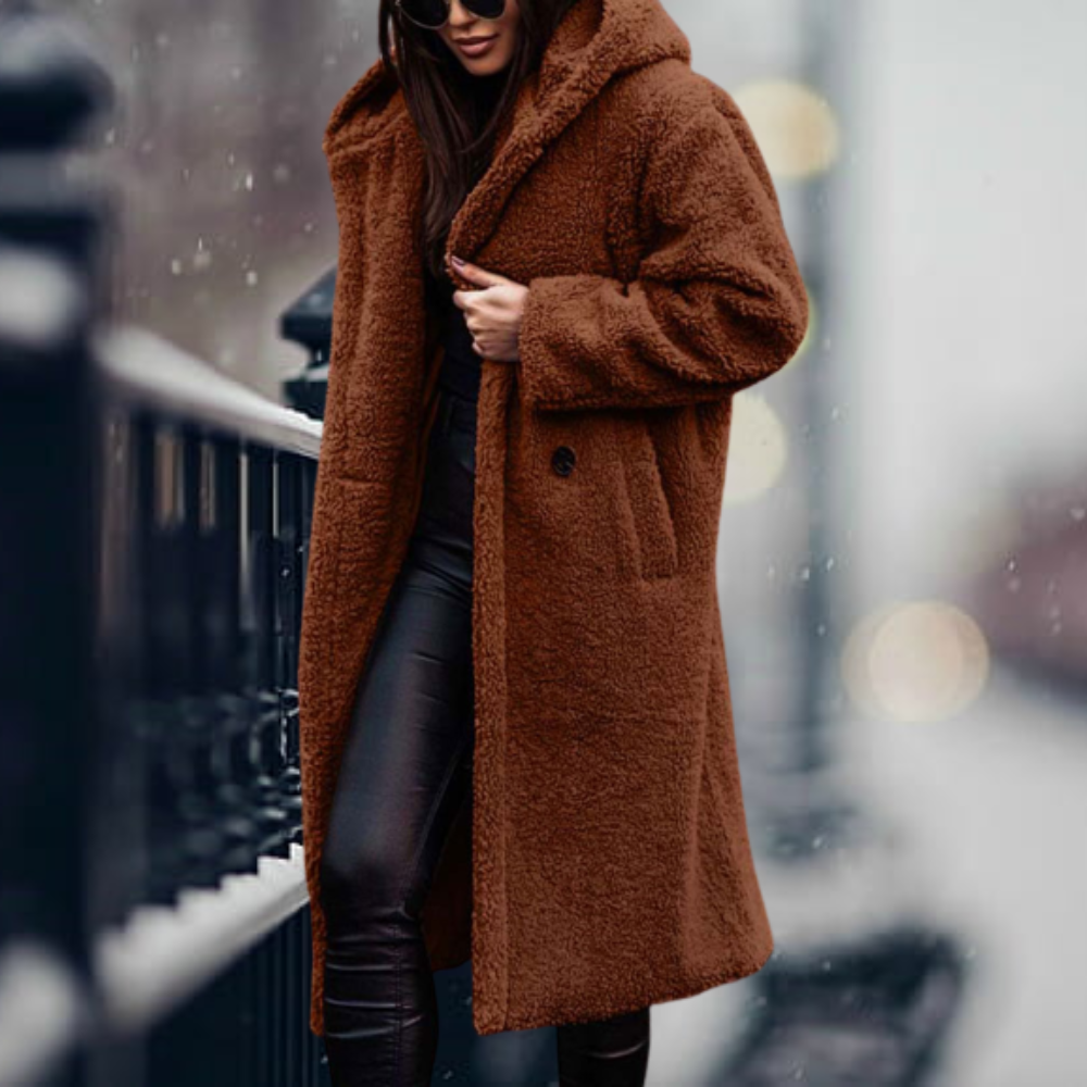 Sally | Oversized Hooded Lapel Collar Button Pocket Winter Long Teddy Coat Women
