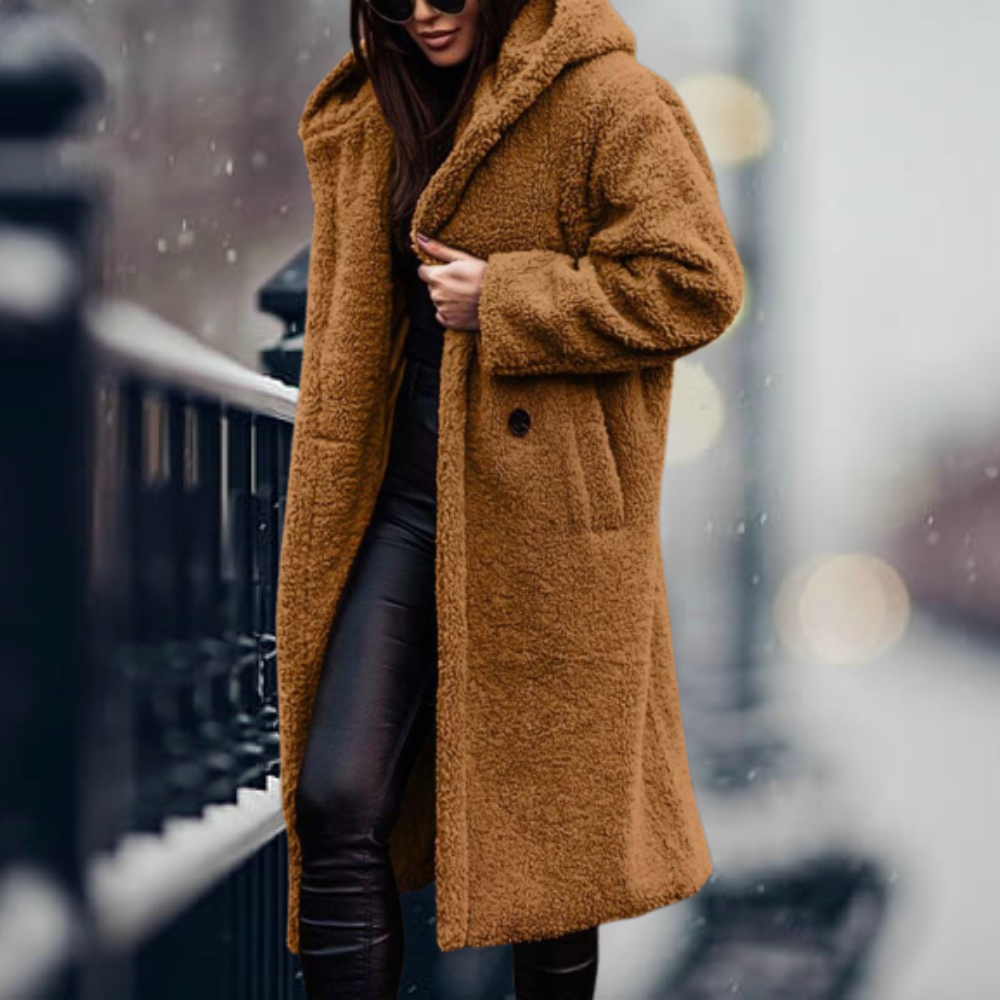 Sally | Oversized Hooded Lapel Collar Button Pocket Winter Long Teddy Coat Women