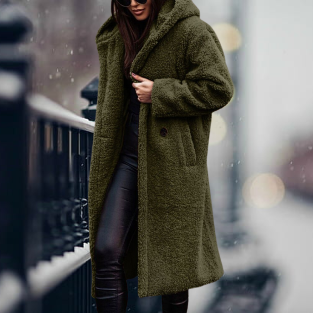 Sally | Oversized Hooded Lapel Collar Button Pocket Winter Long Teddy Coat Women
