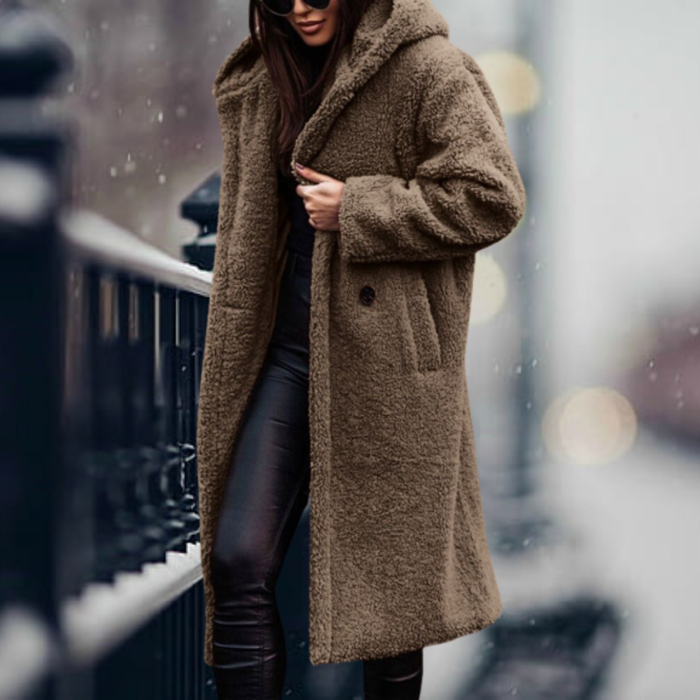 Sally | Oversized Hooded Lapel Collar Button Pocket Winter Long Teddy Coat Women