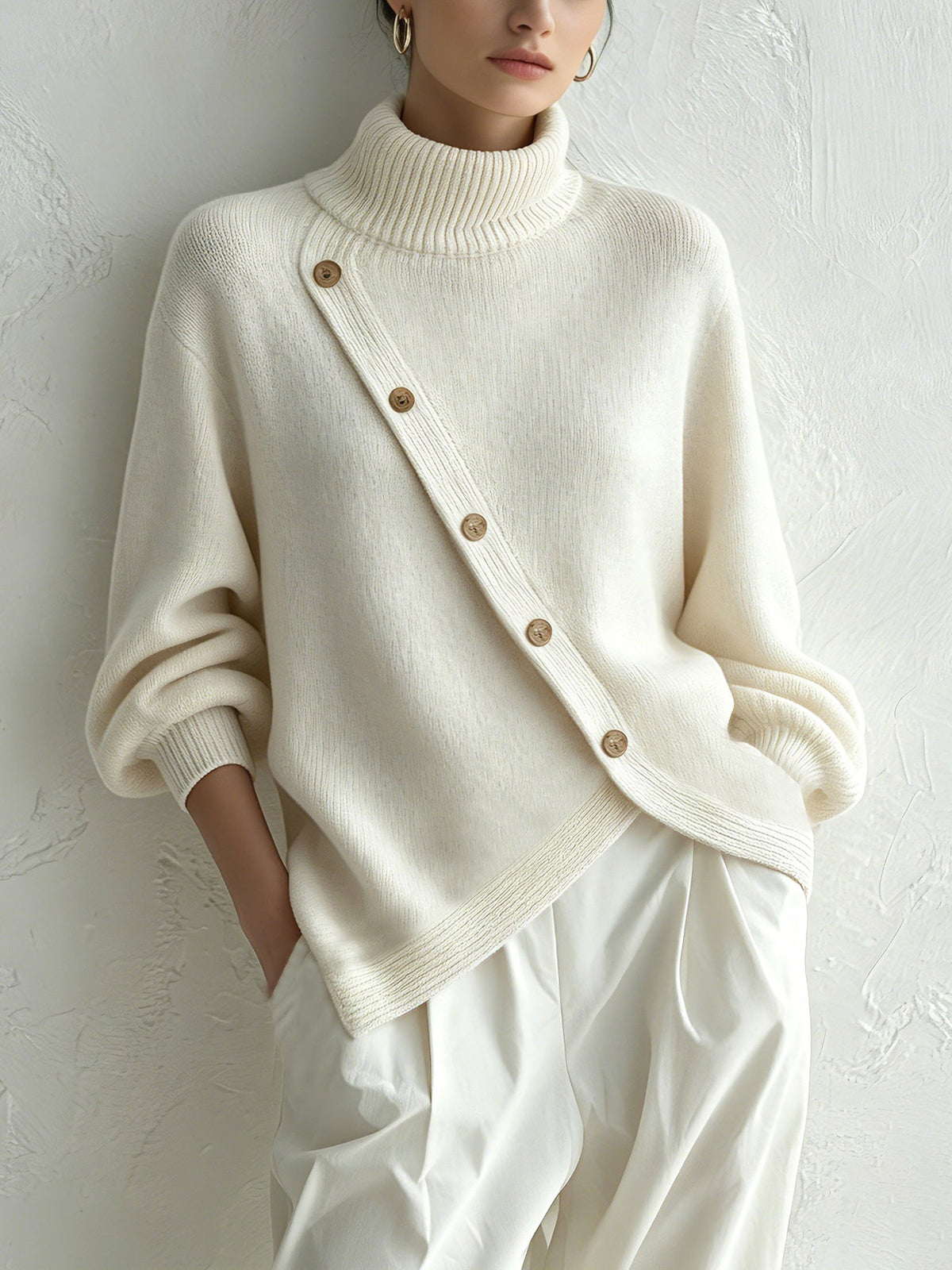 Oversized Turtleneck Sweater with Wood Buttons - Cream