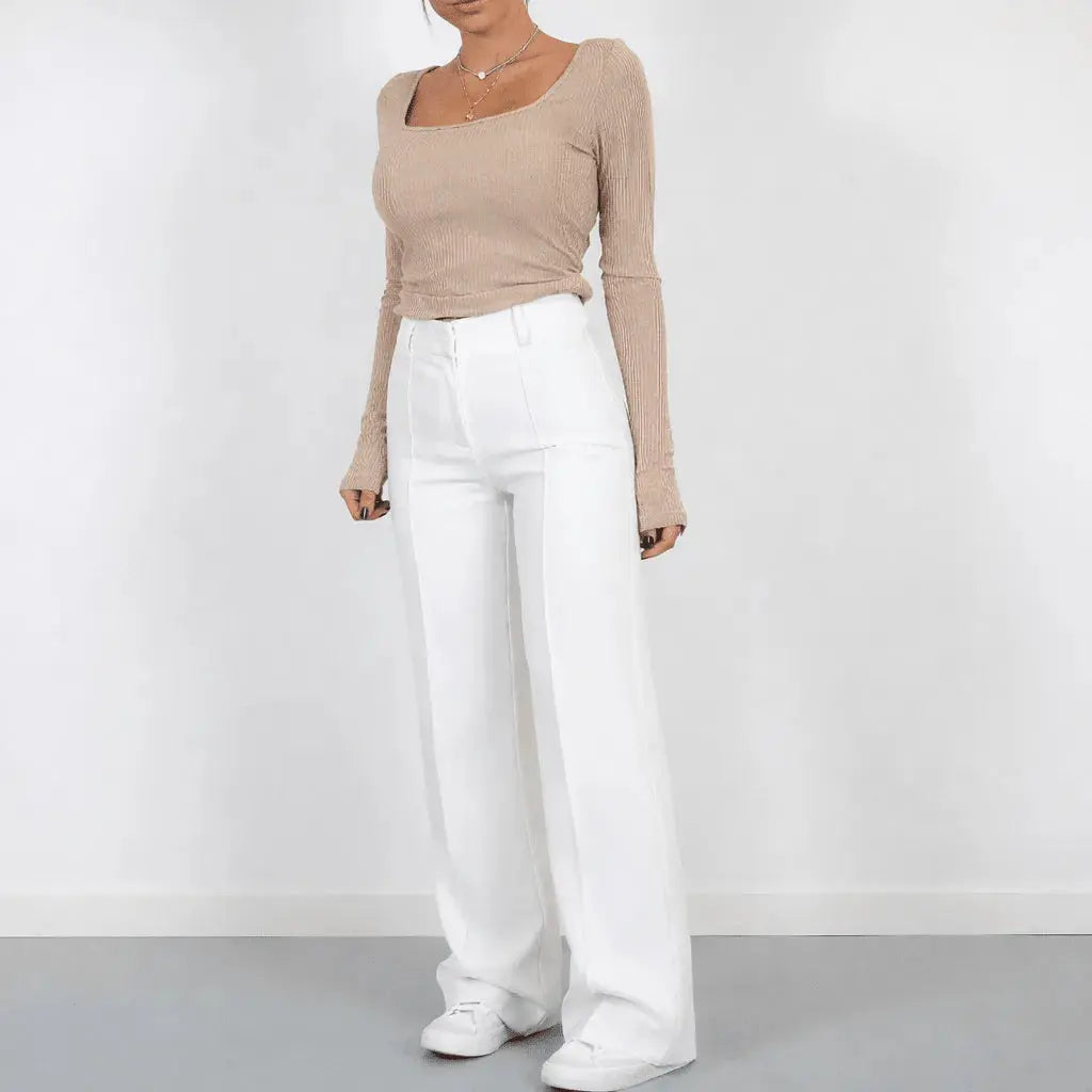 Joy | High Waisted Tailored Pockets Autumn Work Smart Wide Leg Trousers Women