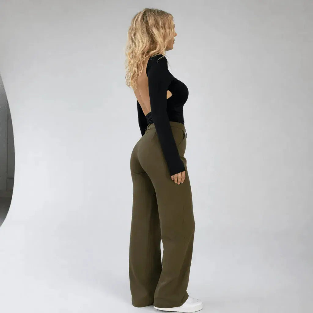 Joy | High Waisted Tailored Pockets Autumn Work Smart Wide Leg Trousers Women