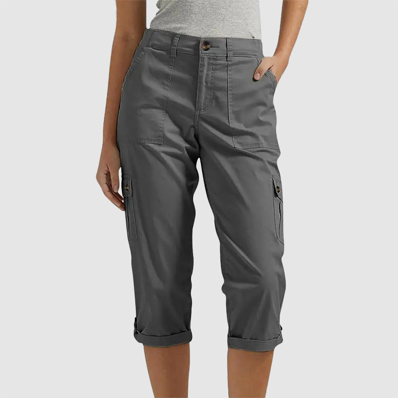 Lucy | High Waisted Turn Up Cuffed Cropped Straight Leg Cargo Trousers Women