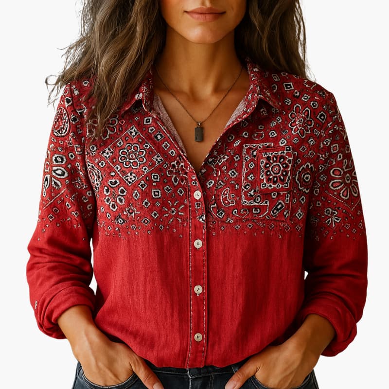 Holly | Paisley Floral Button Up Long Sleeve Collared Autumn Blouse Women