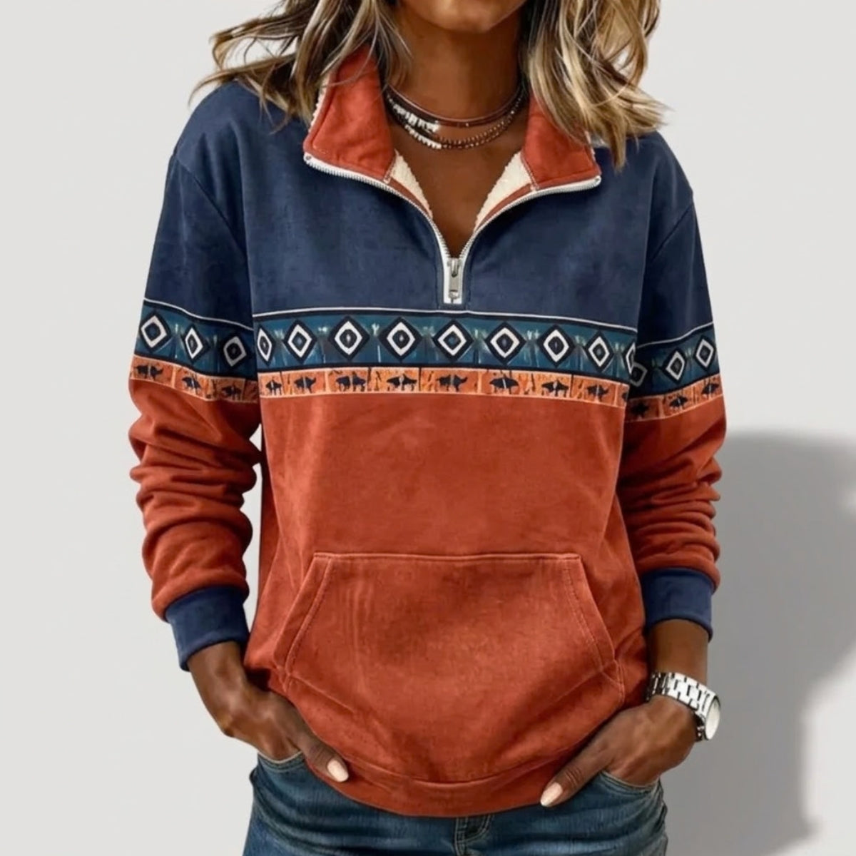 Halle | Faux Suede Colour Block Striped Quarter Zip Collared Long Sleeve Pockets Autumn Winter Sweatshirt Women
