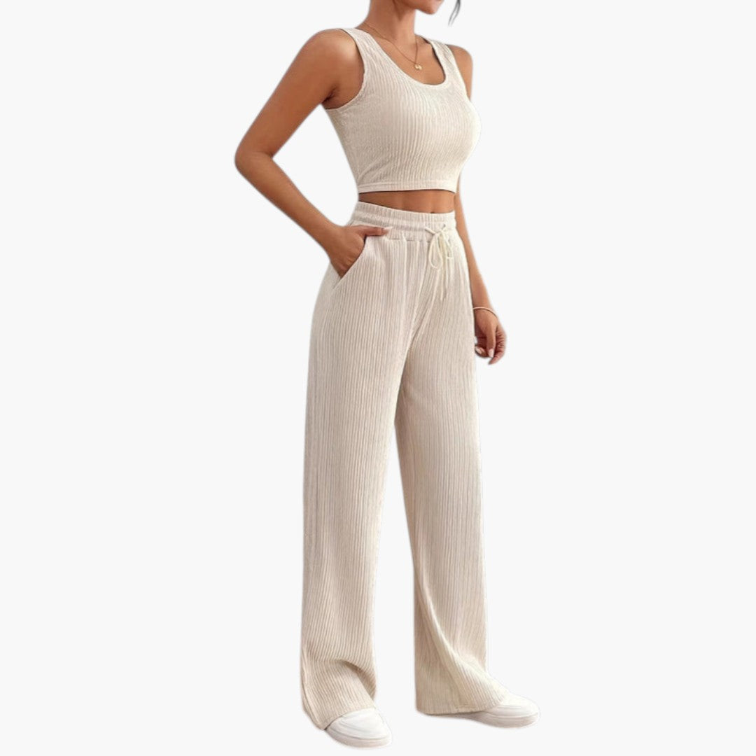 Lucia | Ribbed Knit Sleeveless Cropped Wide Leg High Waisted Trouser Co Ord Set Women