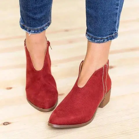 Raya | Cut Out Block Heeled Pointed Toe Faux Suede Ankle Boots Women