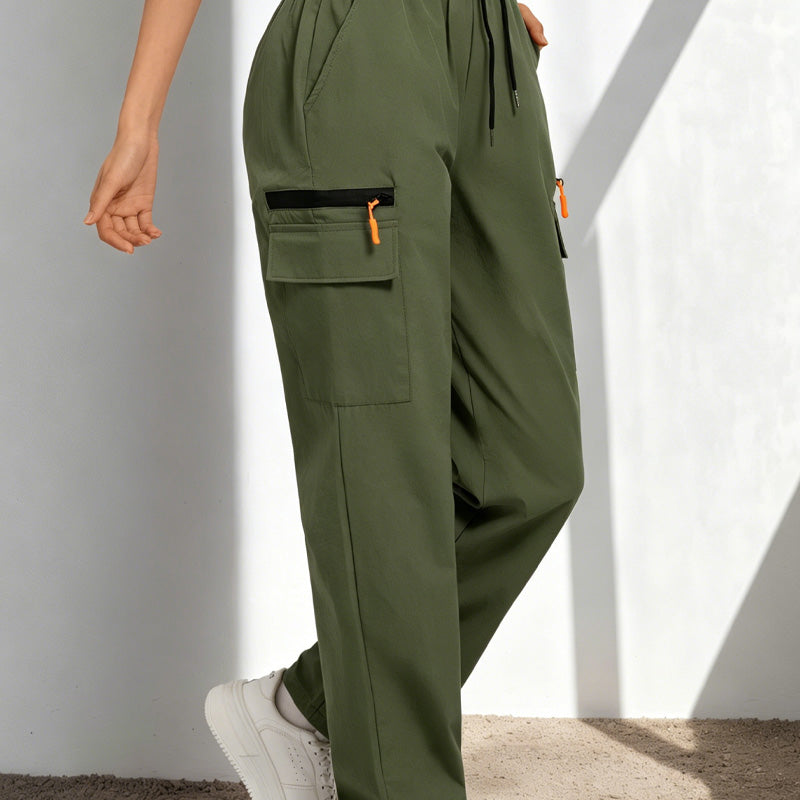 Selma | Elasticated Waist Drawstring Zip Straight Leg Cargo Trousers Women