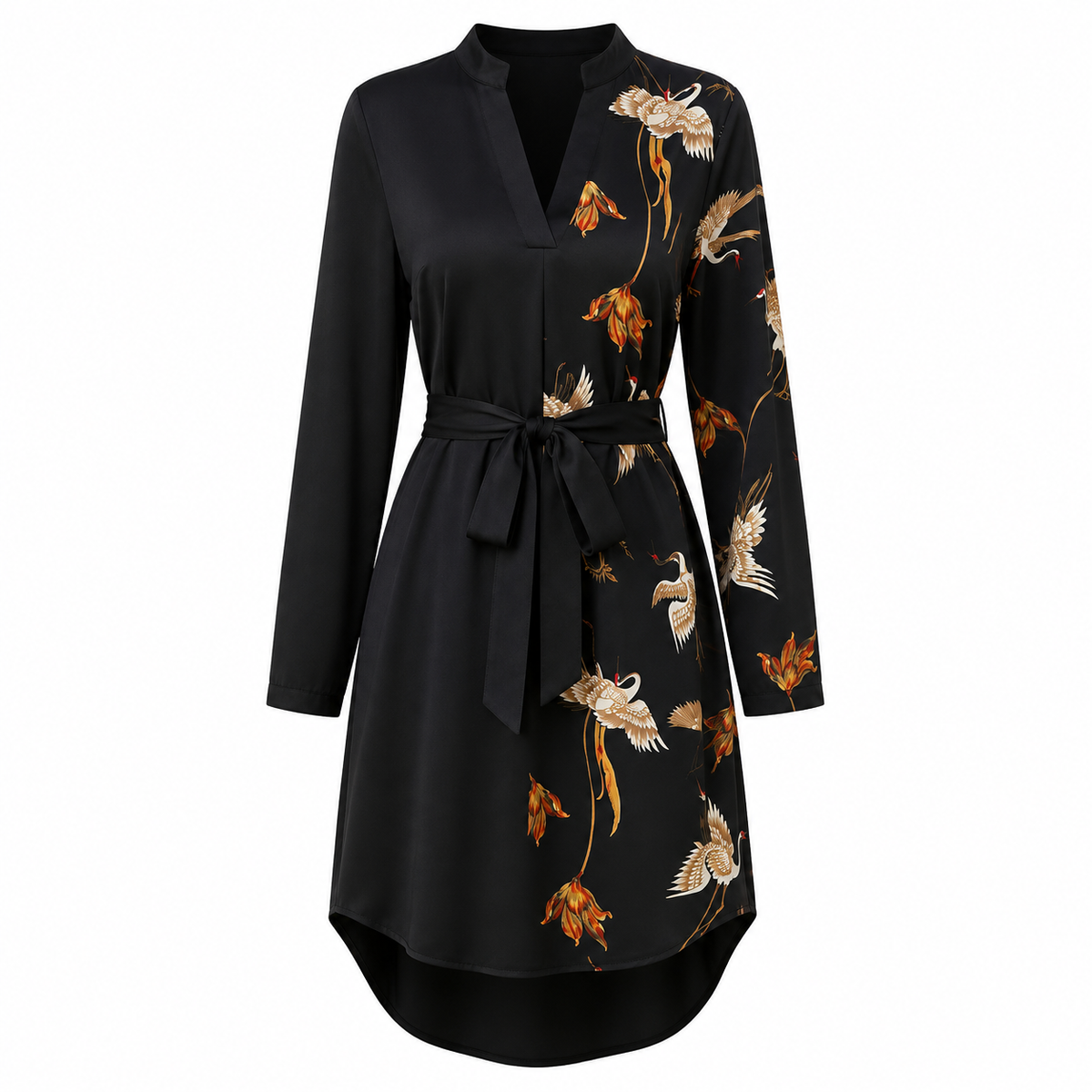 Anna | Floral V Neck Long Sleeve Belted Asymmetric Autumn Shirt Mini Dress Women