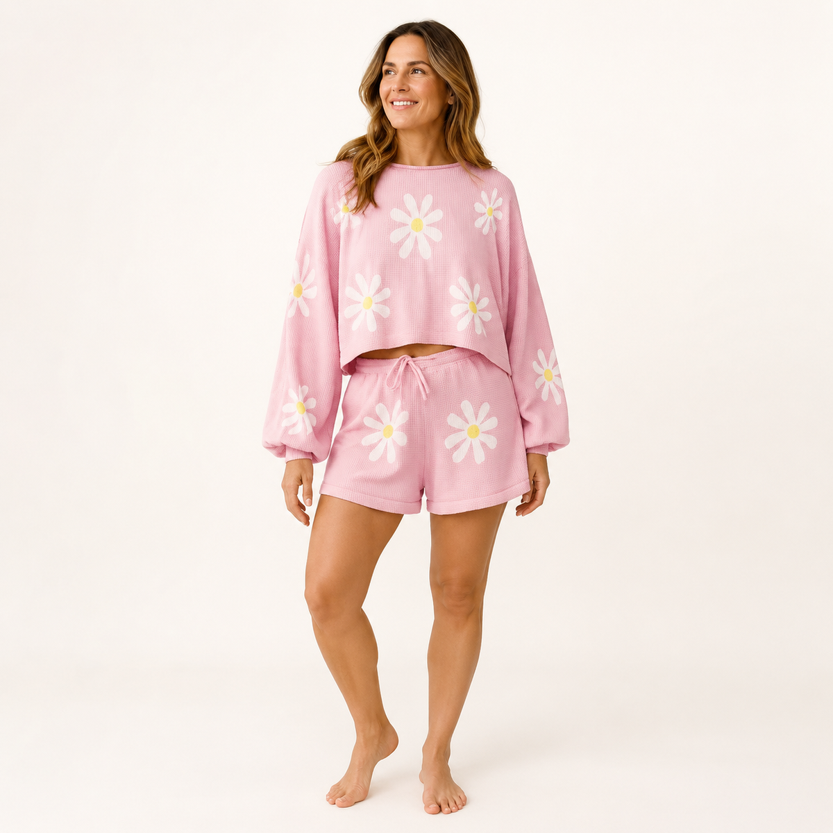 Hazel | Floral Waffle Knit Long Sleeve Short Pyjamas Women