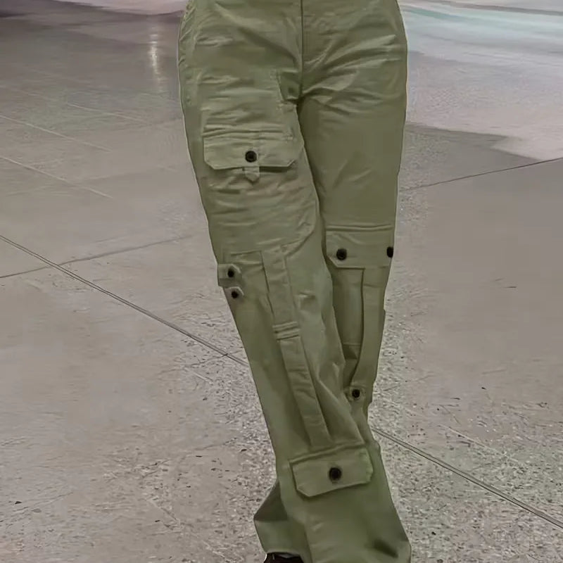 Tamsin | Elasticated Waist Loose Fit Straight Leg Button Pocket Autumn Cargo Trousers Women