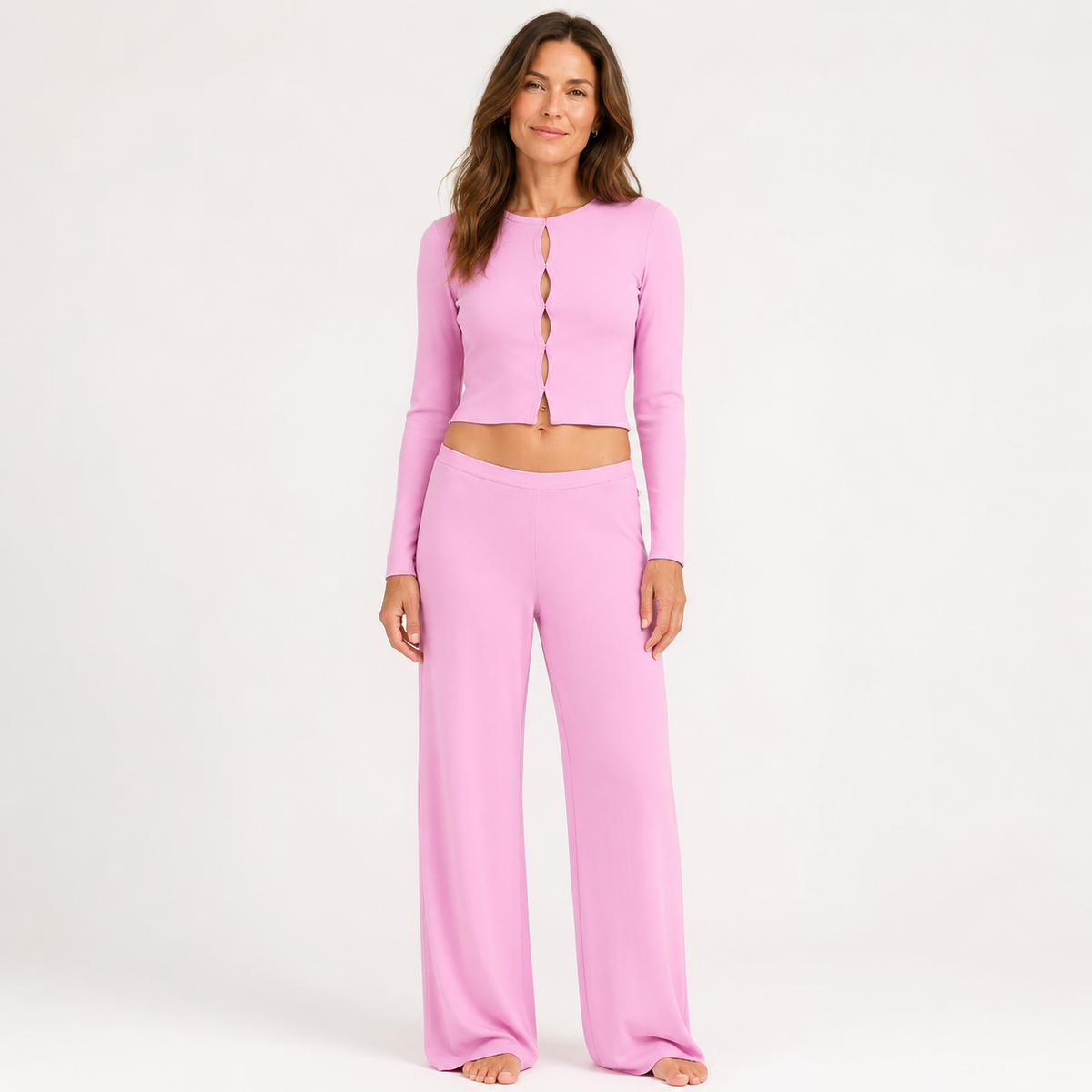 Megan | Knitted Long Sleeve Cut Out Crop Top Wide Leg Trouser Round Neck Co Ord Set Women