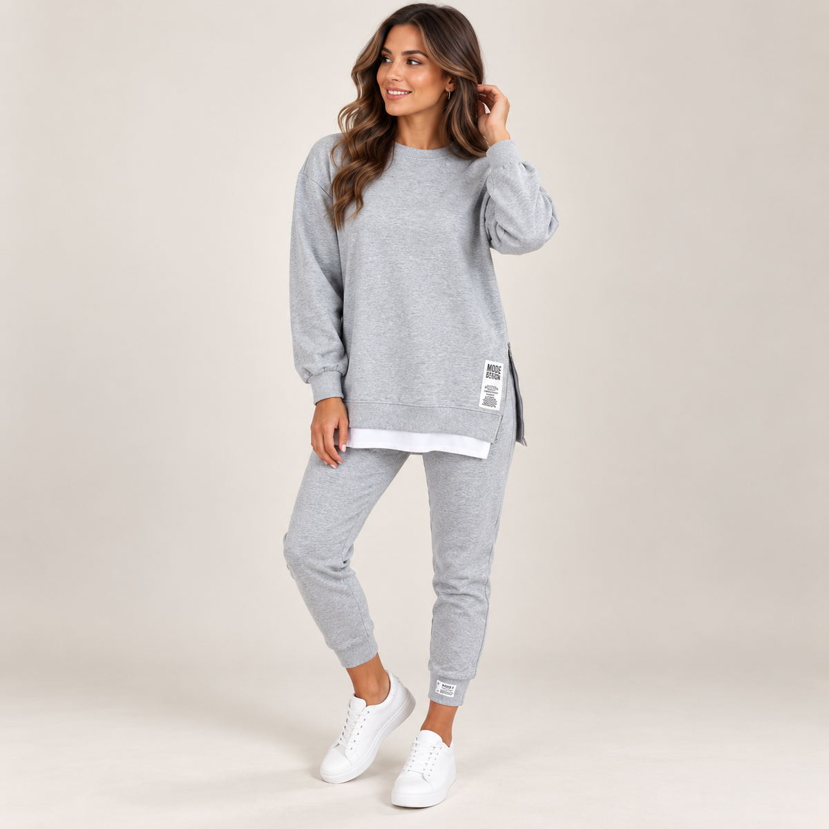 Kya | Knitted Oversized Long Sleeve Crew Neck Side Zip Cuffed Autumn Jogger Tracksuit Women