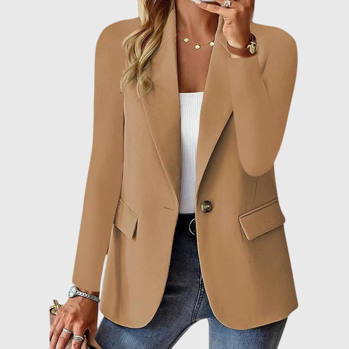 Single Breasted Blazer, Linen Look - Stone
