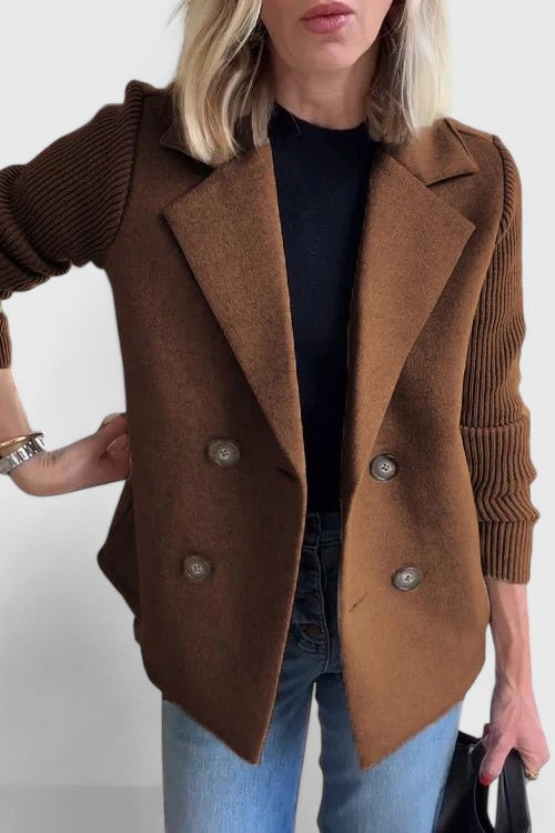 Double Breasted Blazer Coat with Knit Sleeves - Pink