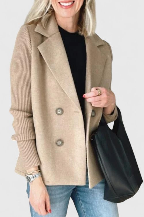 Double Breasted Blazer Coat with Knit Sleeves - Pink